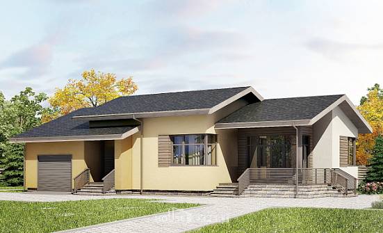 135-002-Л Проект одноэтажного дома и гаражом, небольшой дом из пеноблока Сибай | Проекты домов от House Expert