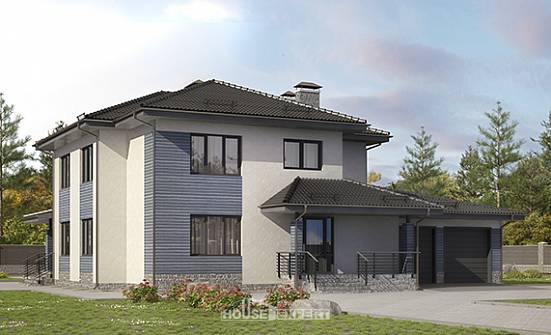 340-005-П Проект двухэтажного дома и гаражом, огромный загородный дом из арболита Нефтекамск | Проекты домов от House Expert